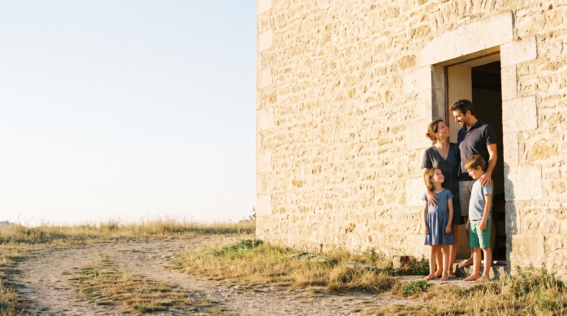 Une famille devant la maison en pierre qu'elle vient d'acheter, en fin de journée