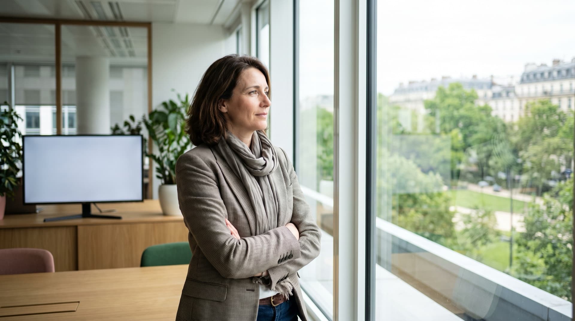 Une dirigeante à la fenêtre de son bureau, en réflexion