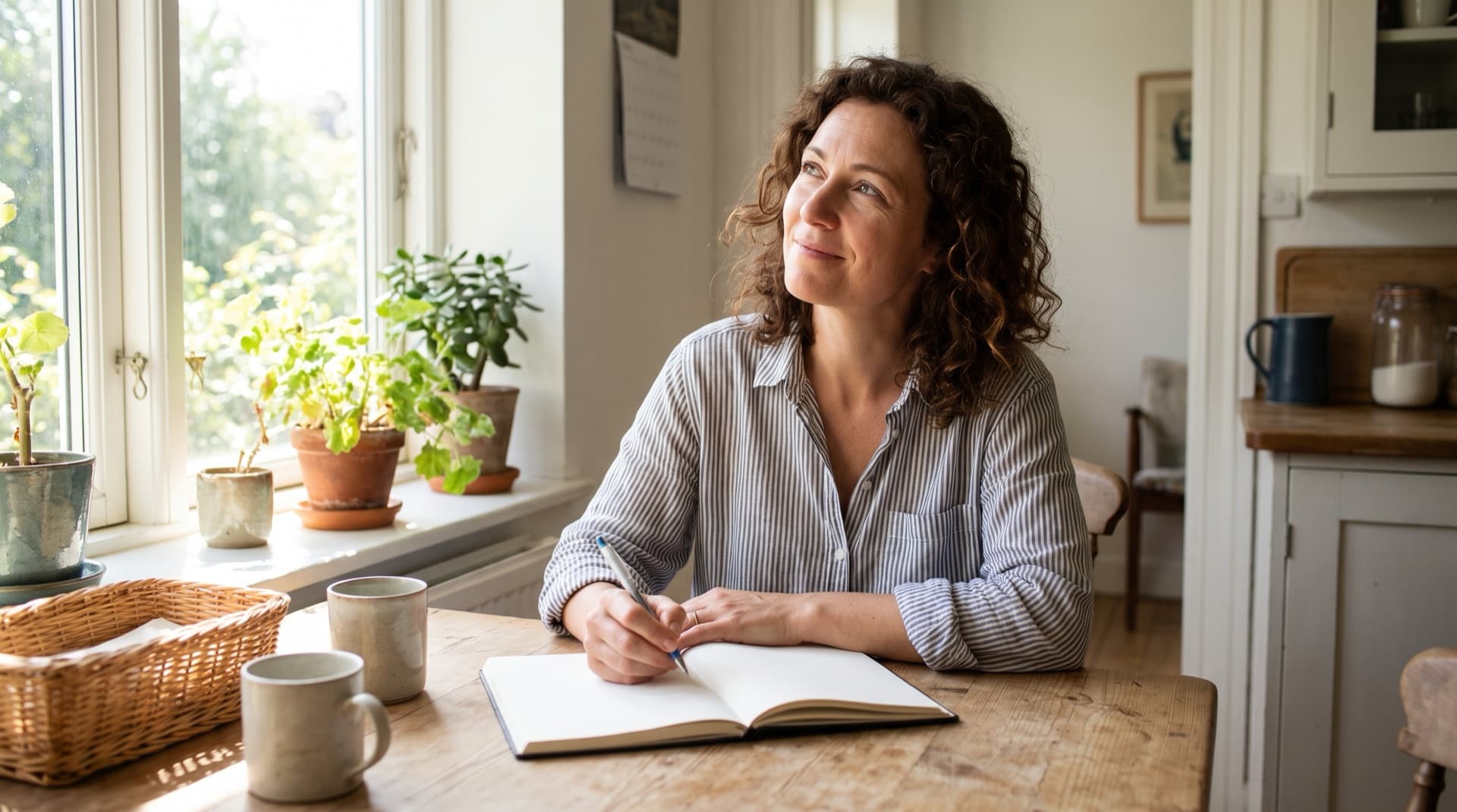 Une femme réfléchit à sa reconversion, carnet en main