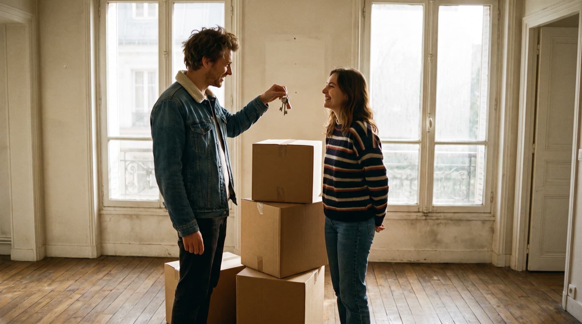 Un couple découvre le salon vide de l'appartement qu'il vient d'acheter, les clés à la main