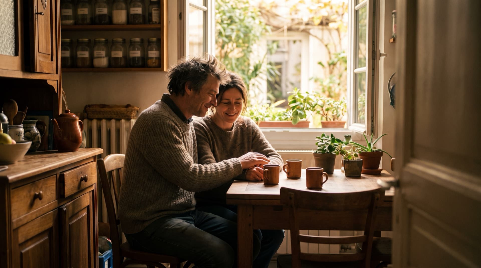 Un couple attablé dans sa cuisine, visiblement soulagé