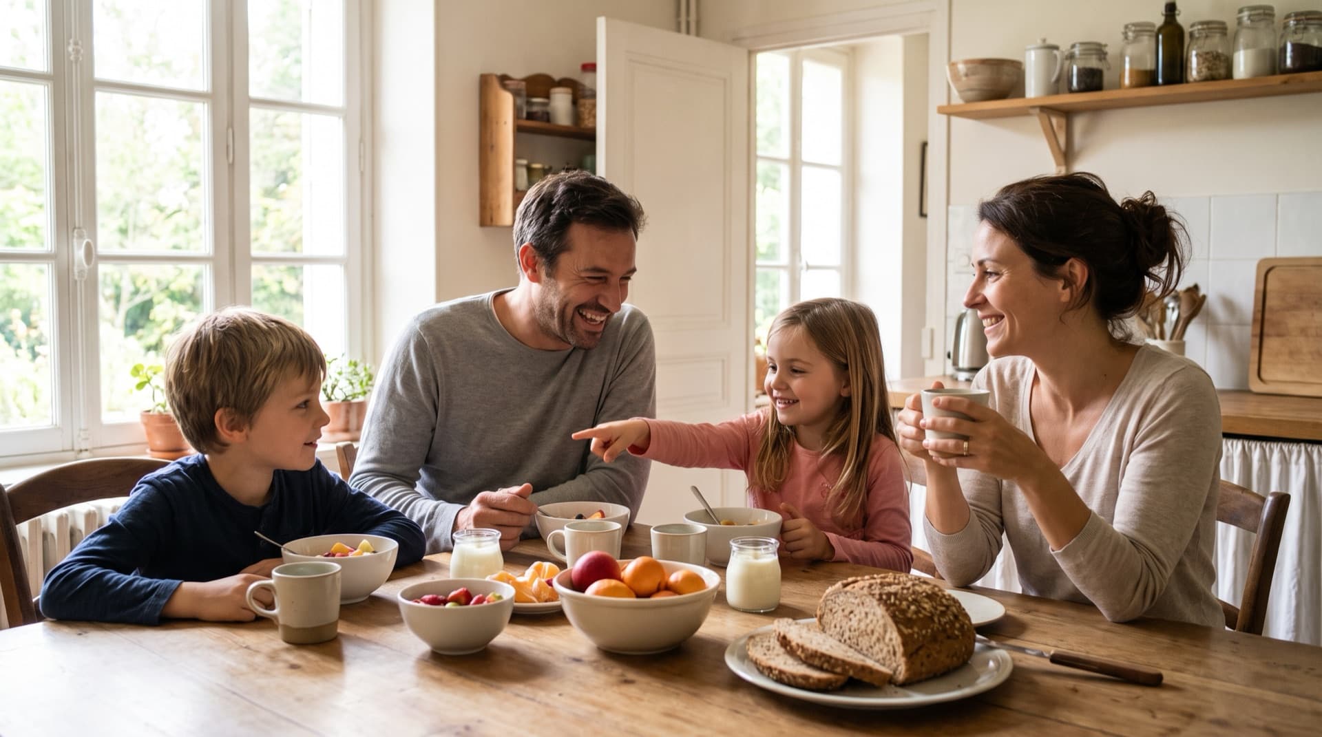Une famille au petit-déjeuner dans une cuisine lumineuse