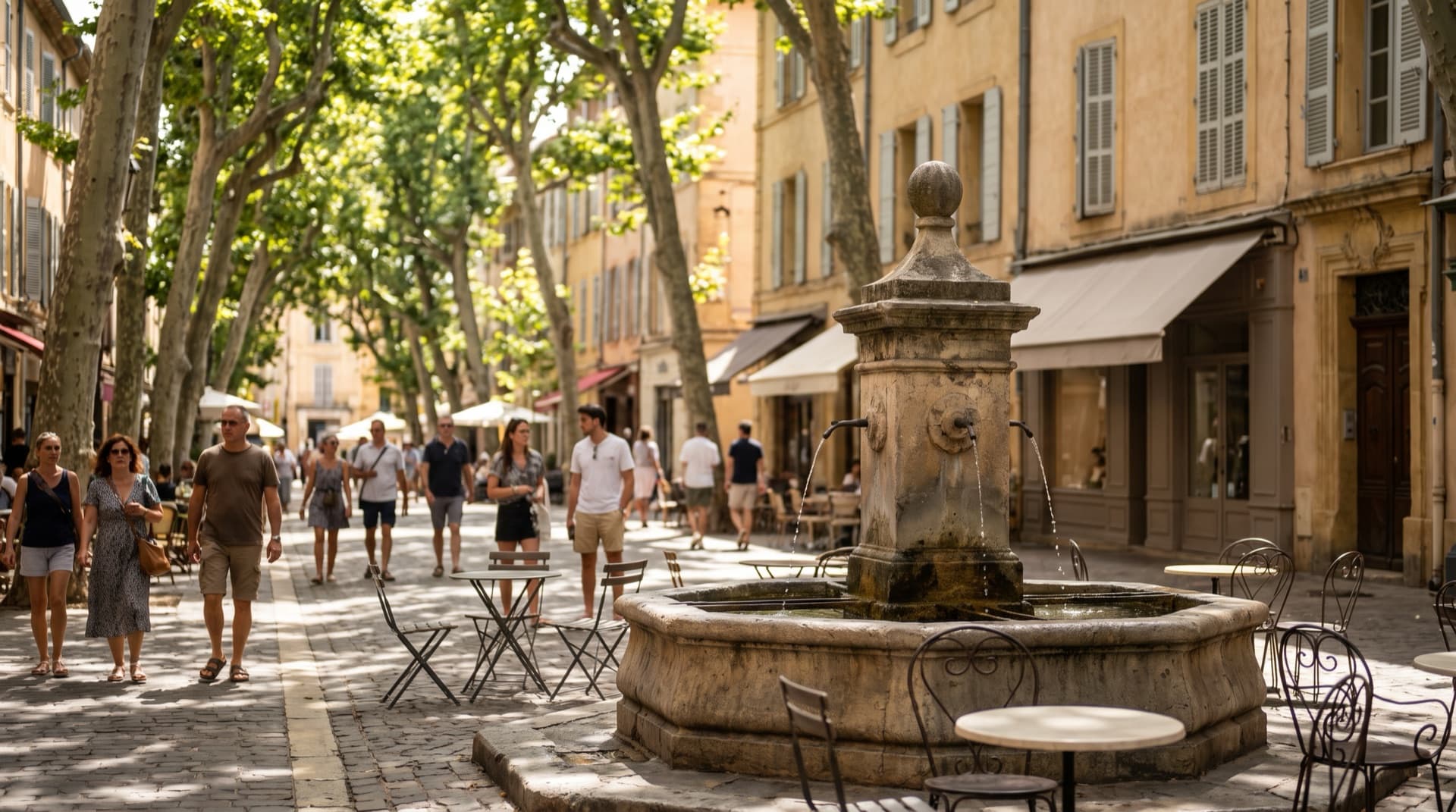Une allée de platanes et sa fontaine à Aix-en-Provence