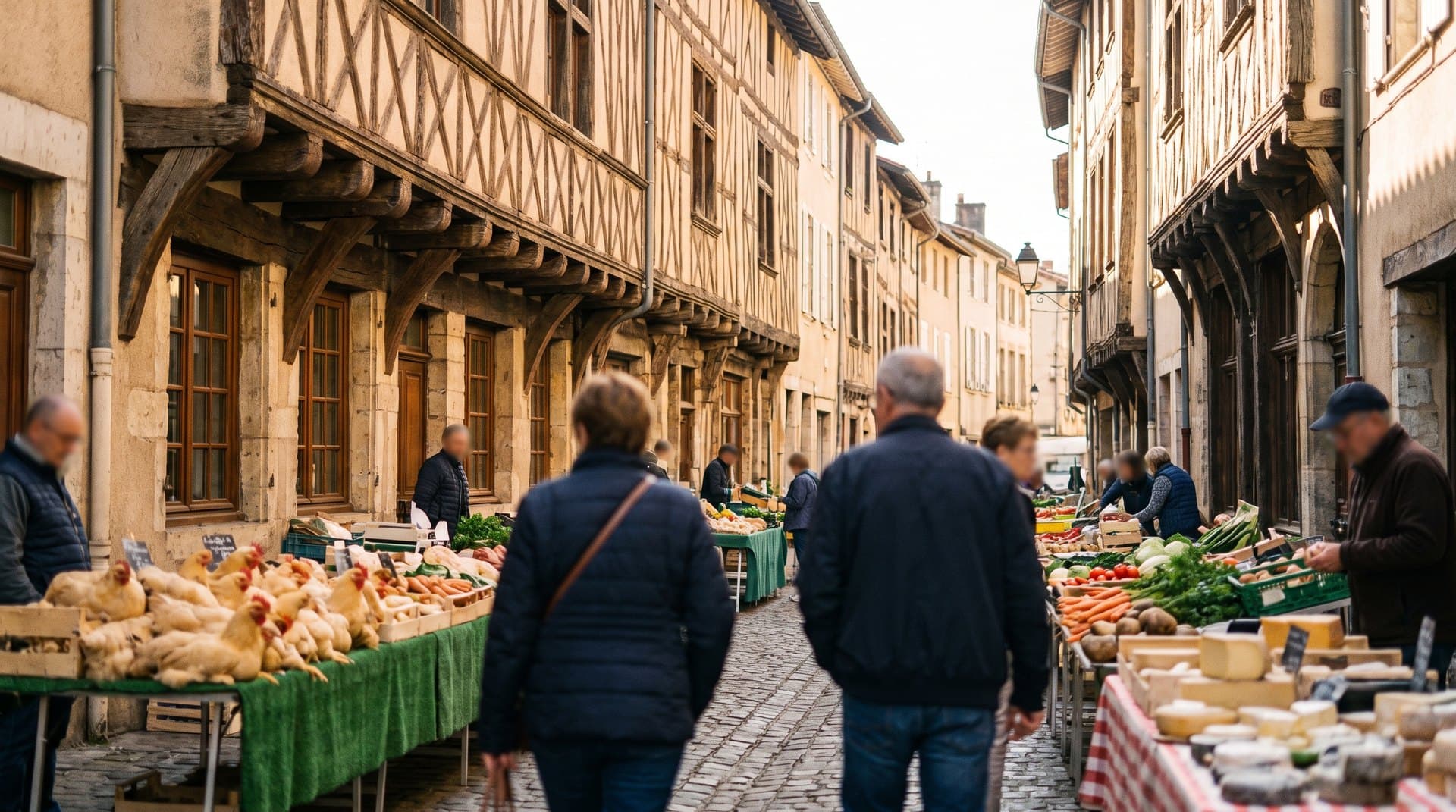 Les maisons à colombages du vieux centre de Bourg-en-Bresse, un jour de marché