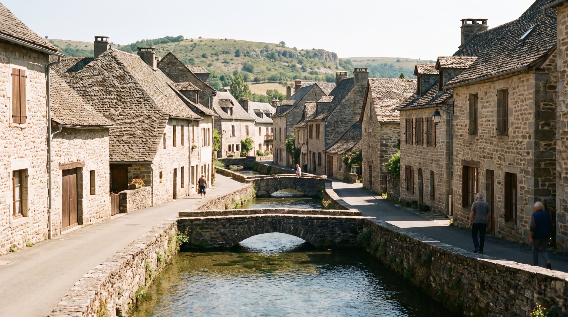 Les canaux et les maisons de pierre du village de La Canourgue, en Lozère