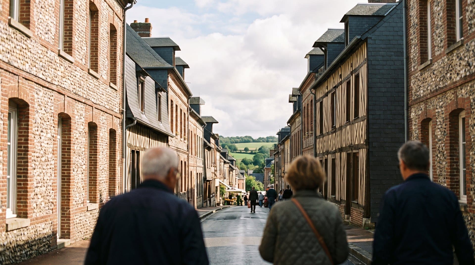 Une rue typique du pays de Caux : brique, silex et colombages